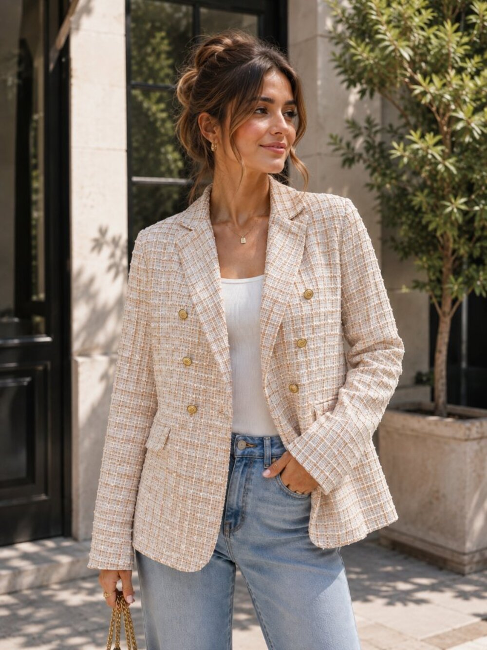 Miss Sparkling NWOT Cream Plaid Tweed Double Breasted Blazer XL